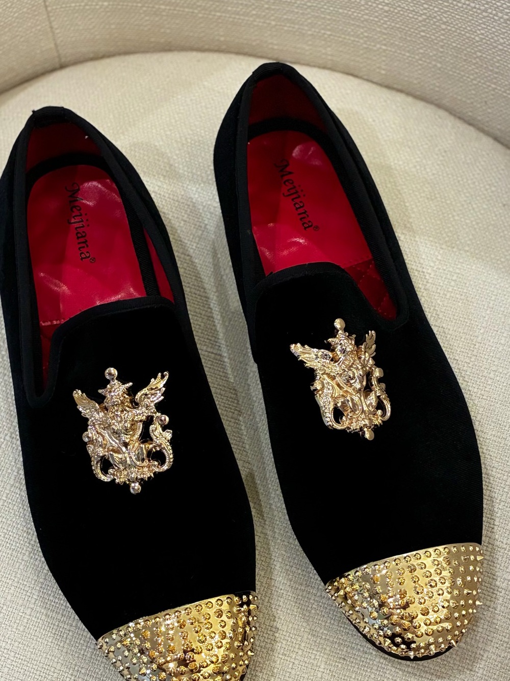 Meijiana mens Black Velvet Gold-Embellished Men's Loafers